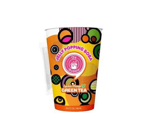 O's Bubble Lychee Mango Gr&oslash;n Te med Jelly Popping Boba (480 ml)