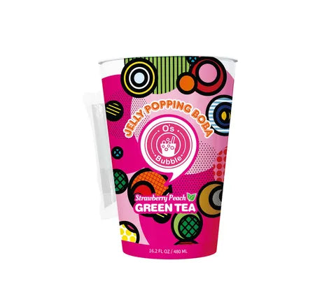 O's Bubble Strawberry Peach Green Tea with Jelly Popping Boba - Multi Pack (2 x 480 ml)