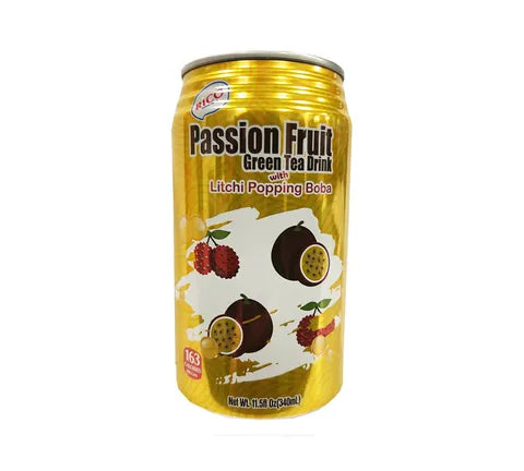 Rico Passion Fruit Green Tea Drink avec popping boba lychee (340 ml)